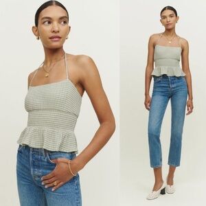 Reformation | Bea Peplum Top in Robins Egg Check